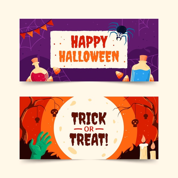 Hand drawn halloween horizontal banners set