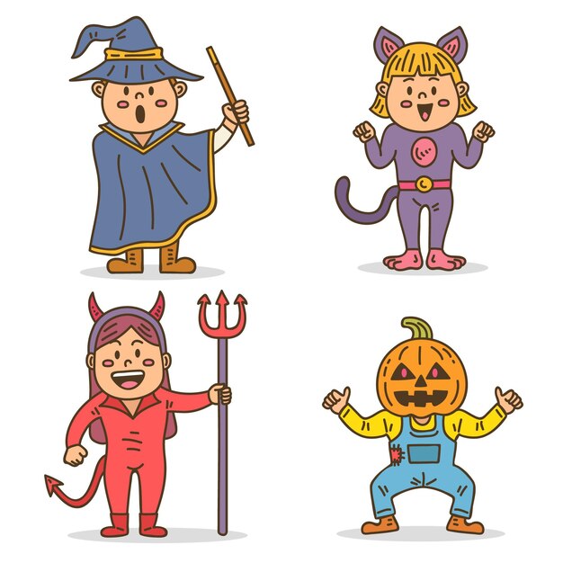 Hand drawn halloween kid set