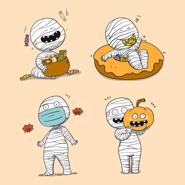 Free vector hand drawn halloween mummies collection