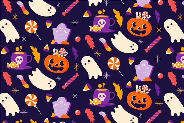 Hand drawn halloween pattern with pumpkin and ghost