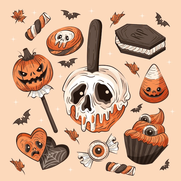 Hand drawn halloween vintage candy elements collection