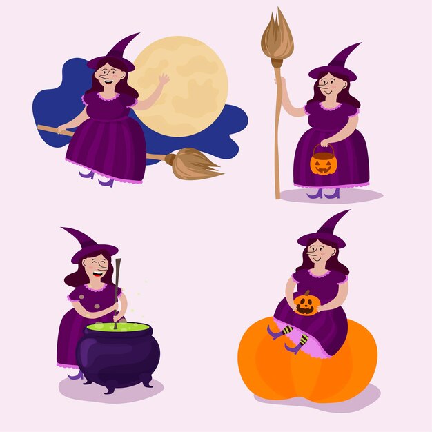 Free Vector hand drawn halloween witches collection