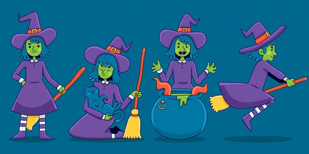 Hand drawn halloween witches collection