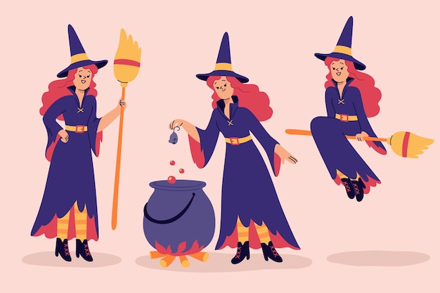 Free Vector hand drawn halloween witches collection