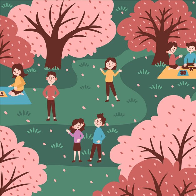 Hand drawn hanami sakura festival and people in the park