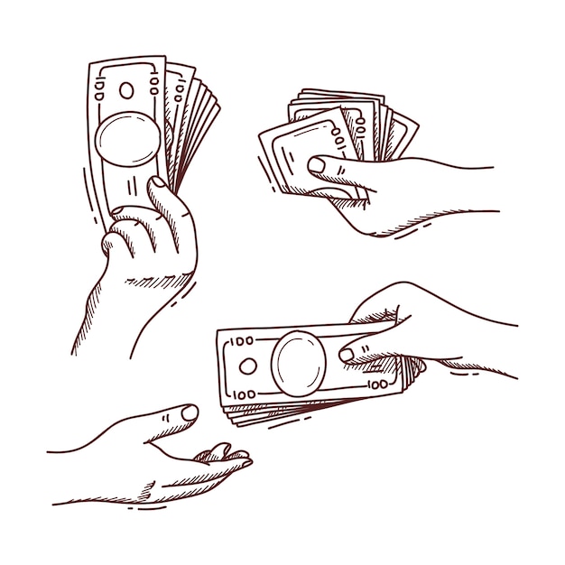 Hand drawn hand holding banknotes drawing illustration