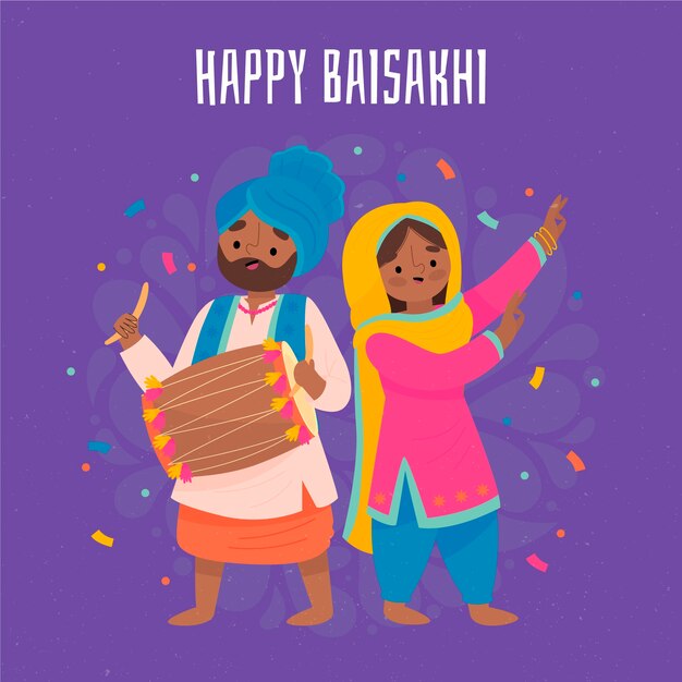 Hand drawn happy baisakhi illustration of man and woman