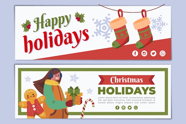 Hand drawn happy holidays horizontal banners set