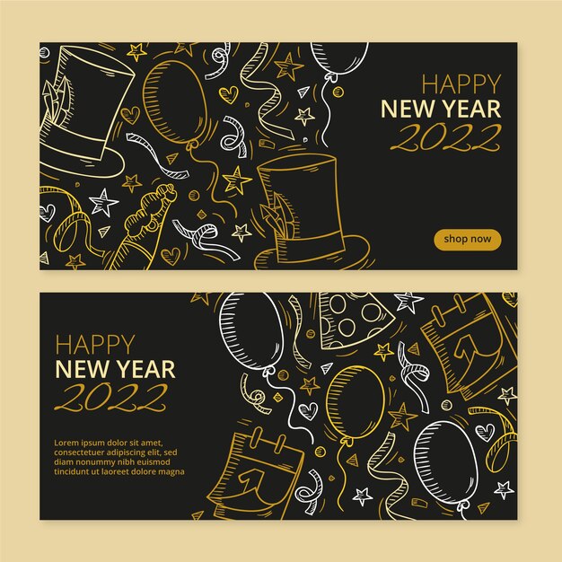 Hand drawn happy new year 2022 banners set