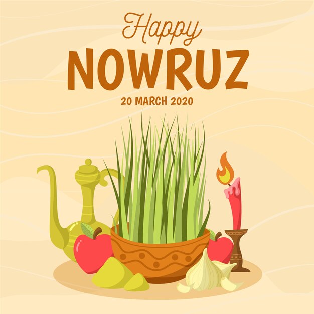 Hand drawn happy nowruz and grass with candle