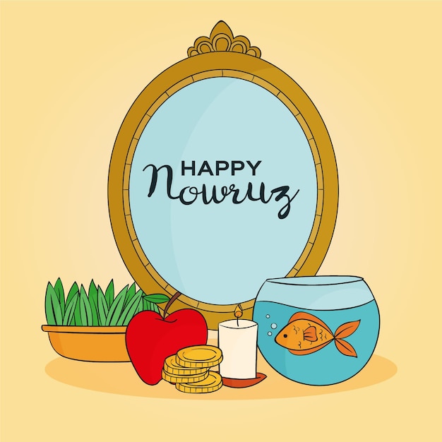 Free vector hand-drawn happy nowruz illustration with mirror and goldfish bowl