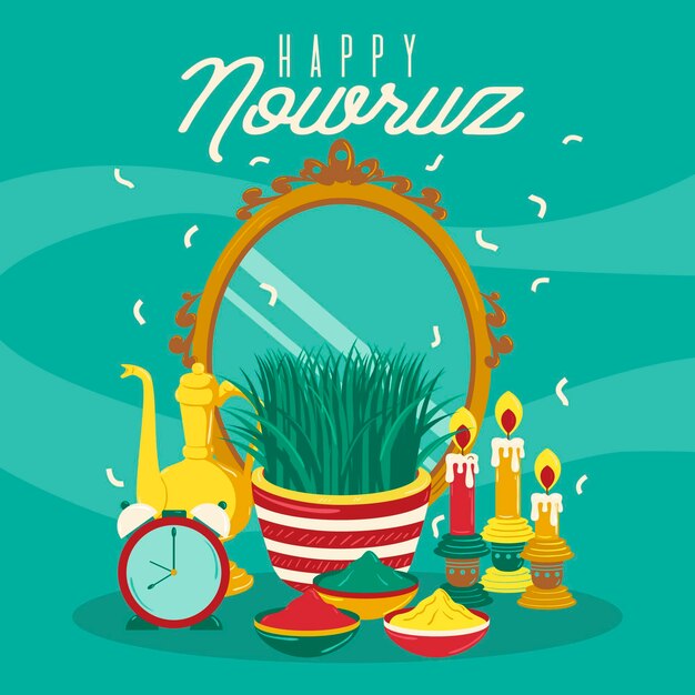 Hand-drawn happy nowruz illustration with mirror and sprouts