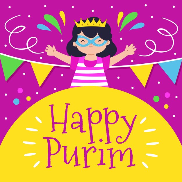 Hand drawn happy purim day illustration with girl celebrating