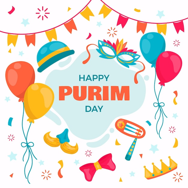 Hand drawn happy purim day with balloons