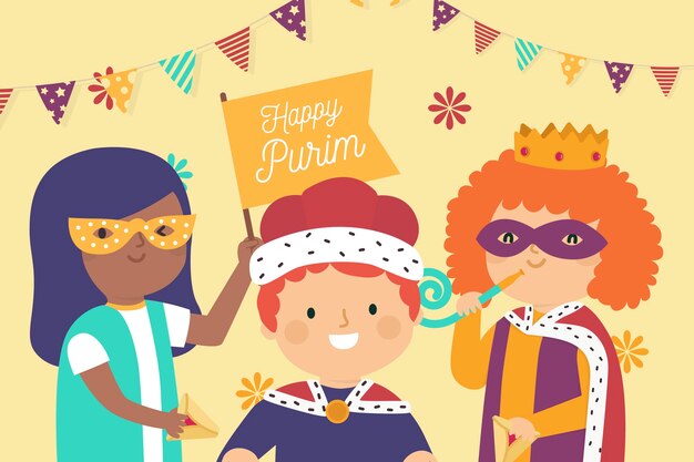 Hand drawn happy purim day with masks