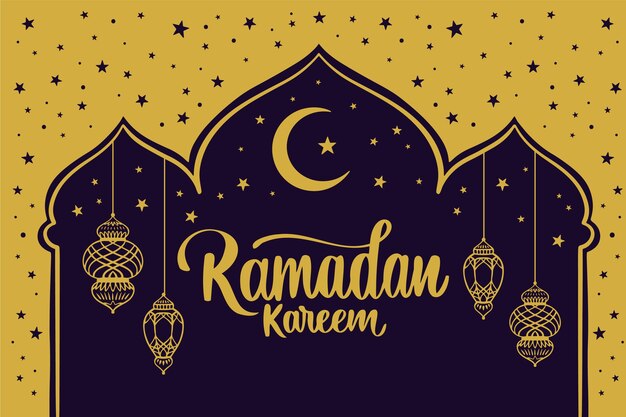 Hand drawn happy ramadan kareem moon in the night