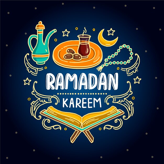 Hand drawn happy ramadan kareem objects