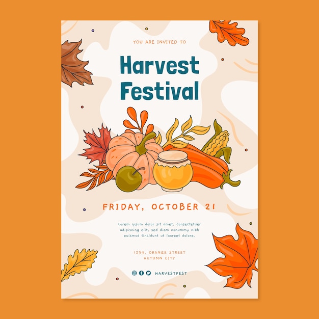 Hand drawn harvest festival invitation template with leaves and vegetables