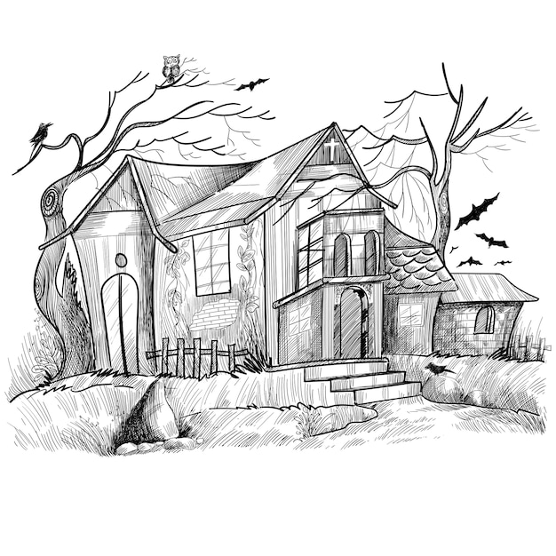 Hand drawn haunted halloween house sketch design