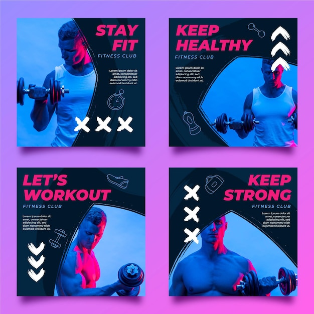 Free Vector hand drawn health and fitness post collection with photo