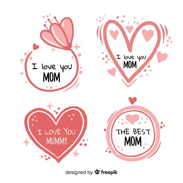 Hand drawn hearts and flowers mother's day badge collection