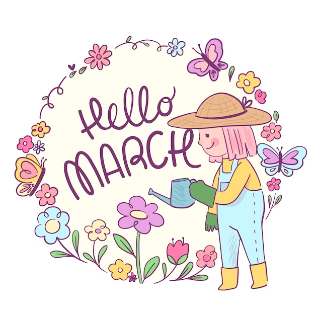 Hand drawn hello march banner and background