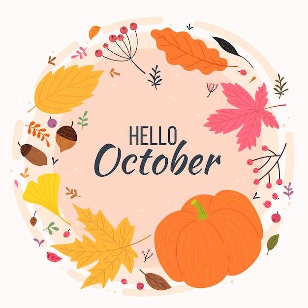 Hand drawn hello october background for autumn celebration