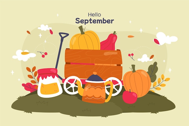 Hand drawn hello september background for autumn