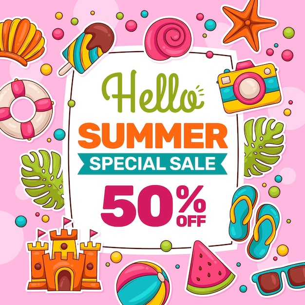 Hand drawn hello summer sale illustration