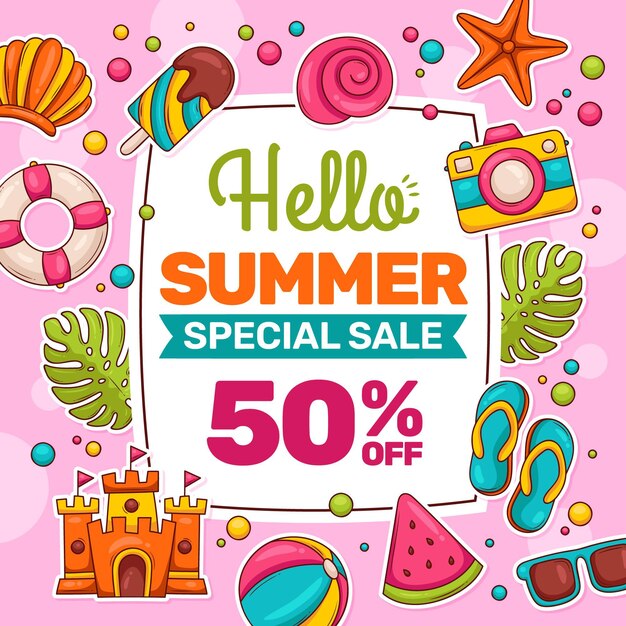 Hand drawn hello summer sale illustration