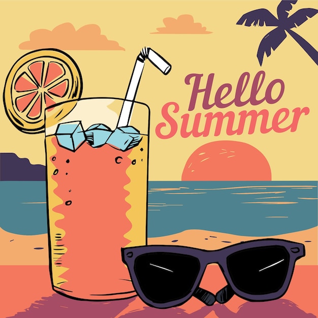 Free vector hand drawn hello summer with cocktail and sunglasses