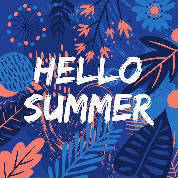 Hand drawn hello summer with leaves