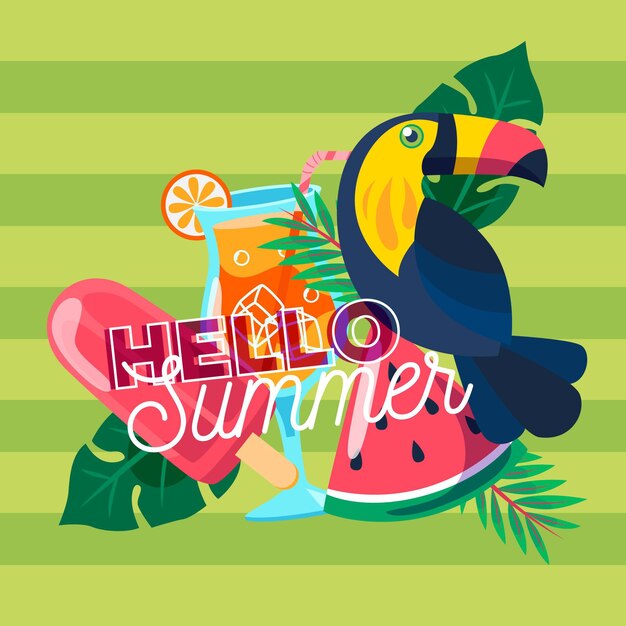 Hand drawn hello summer with toucan and cocktail