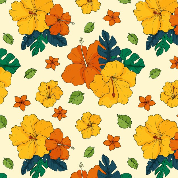 Hand drawn hibiscus flower pattern illustration