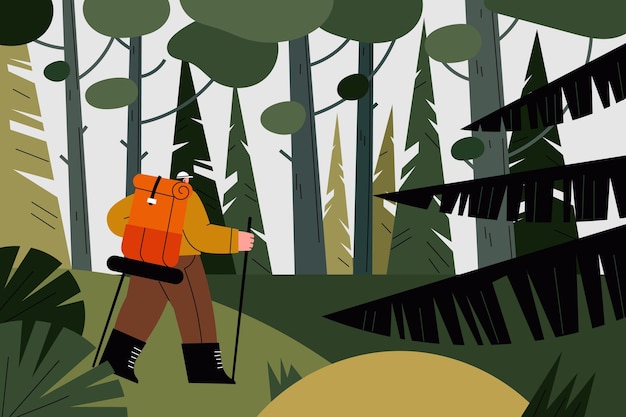 Hand drawn hiker in forest landscape