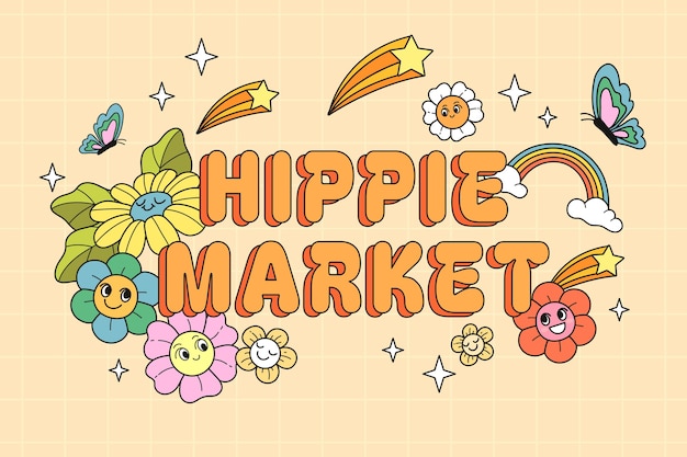 Hand drawn hippie market text illustration