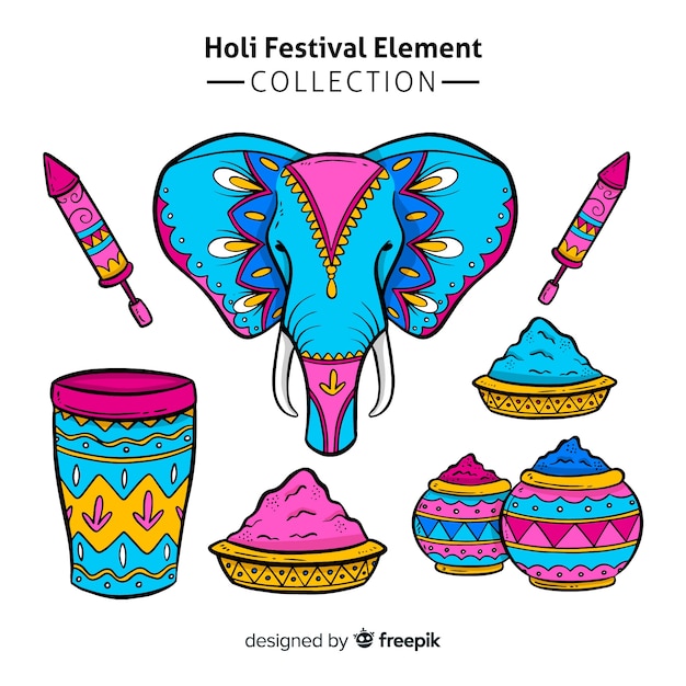 Free Vector hand drawn holi festival element pack