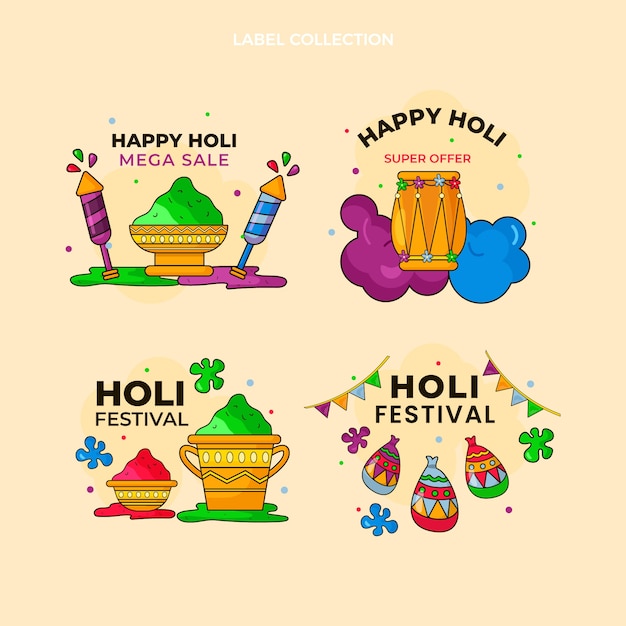 Hand drawn holi labels collection