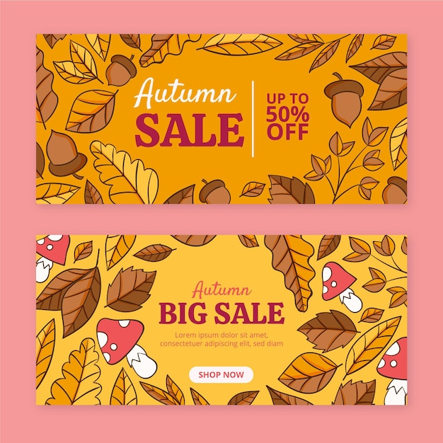 Hand drawn horizontal autumn sale banners set