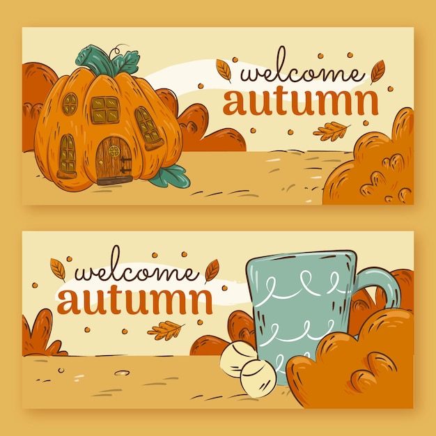 Hand drawn horizontal autumn sale banners set