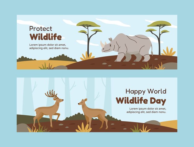 Hand drawn horizontal banner template for world wildlife day with flora and fauna