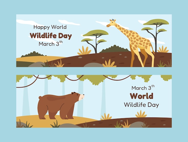 Hand drawn horizontal banner template for world wildlife day with flora and fauna