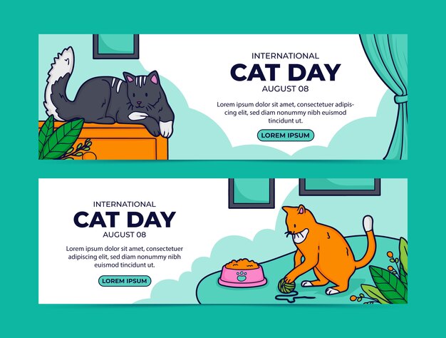 Hand drawn horizontal banners set for international cat day celebration