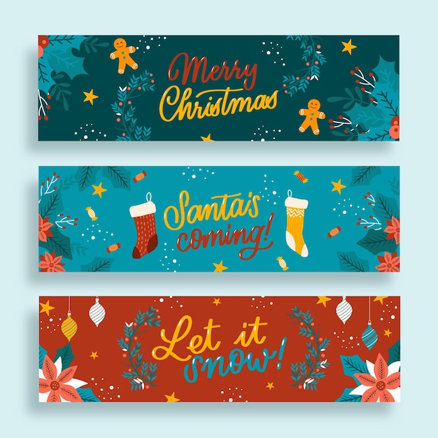 Hand drawn horizontal christmas banners set