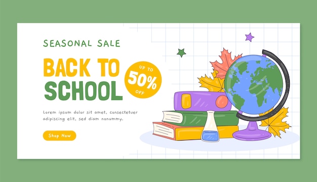 Hand drawn horizontal sale banner template for back to school season