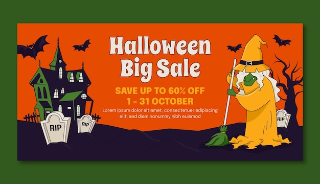 Free vector hand drawn horizontal sale banner template for halloween season celebration