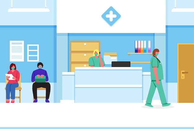 Free Vector hand drawn hospital reception scene with people wearing face masks