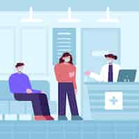 Free vector hand drawn hospital reception scene with people wearing medical masks