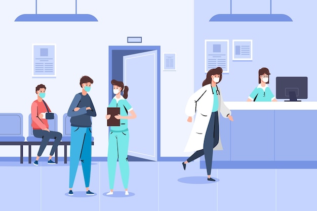 Hand drawn hospital reception scene with people wearing medical masks