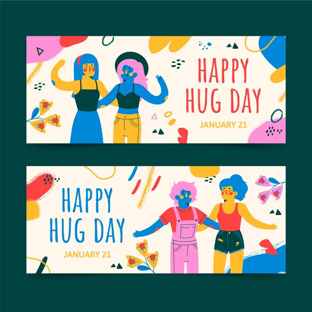 Hand drawn hug day horizontal banners set